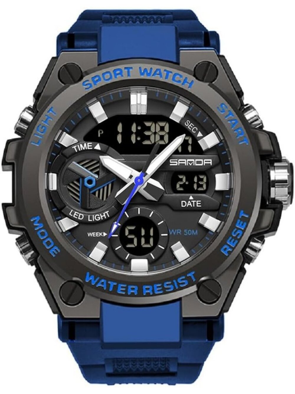 Men's Blue Analog Quartz Sports Outdoor Waterproof Military LED Digital Watch